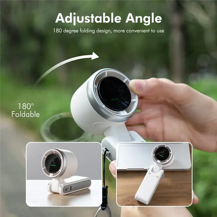 Portable rechargeable handheld fan with digital battery display, foldable mini USB fan for home, office, travel, outdoor use and personal cooling.