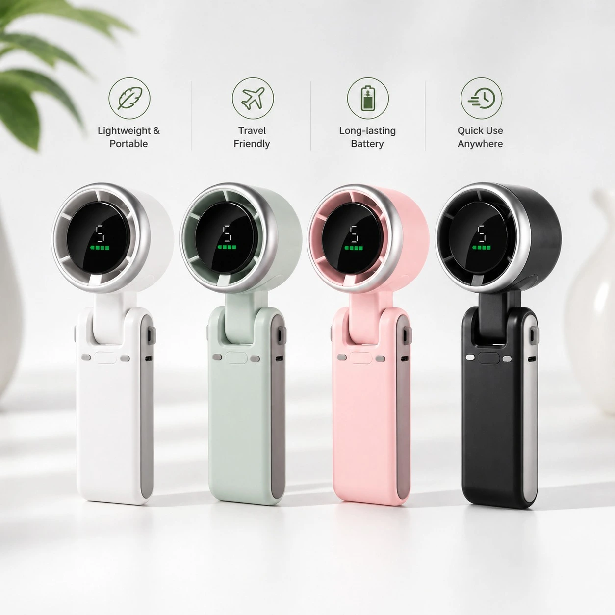 Portable rechargeable handheld fan with digital battery display, foldable mini USB fan for home, office, travel, outdoor use and personal cooling.