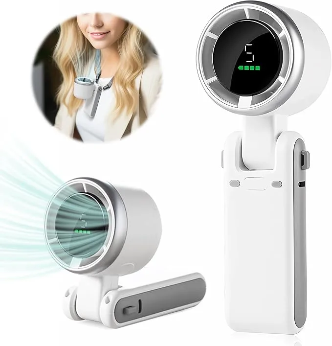 Portable rechargeable handheld fan with digital battery display, foldable mini USB fan for home, office, travel, outdoor use and personal cooling.