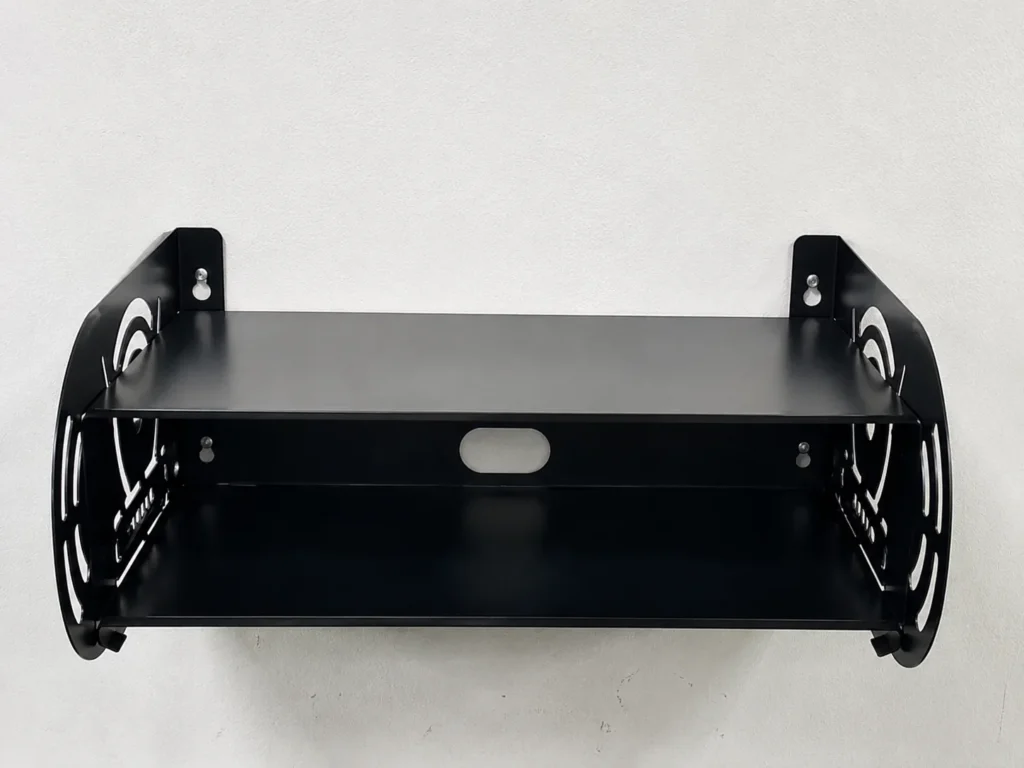 Front view of the black wall mount router stand