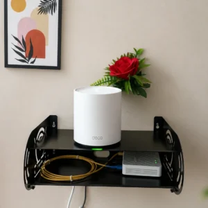 Wall mount router stand holding a WiFi router on the wall