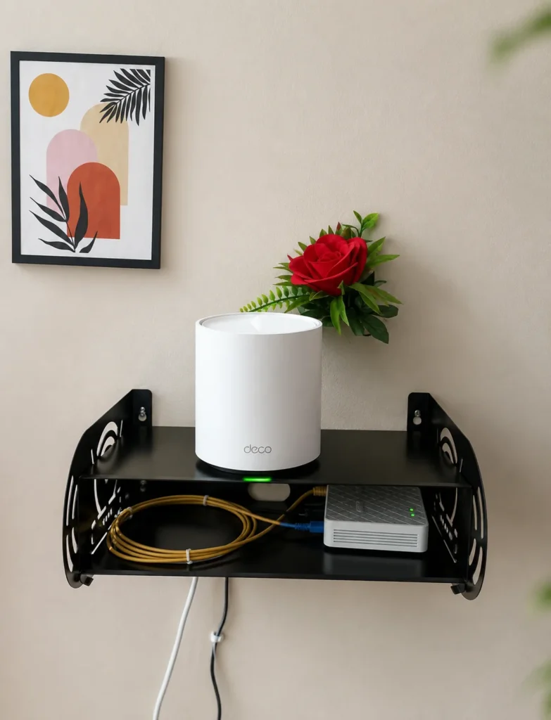 Wall mount router stand holding a WiFi router on the wall