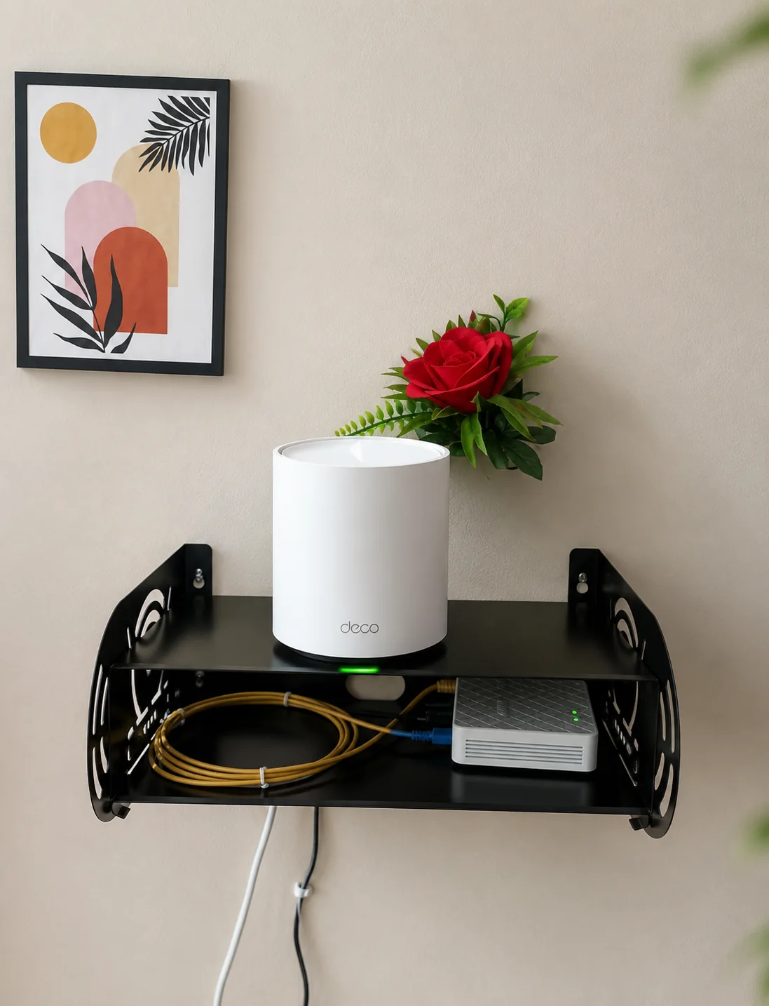 Wall mount router stand holding a WiFi router on the wall
